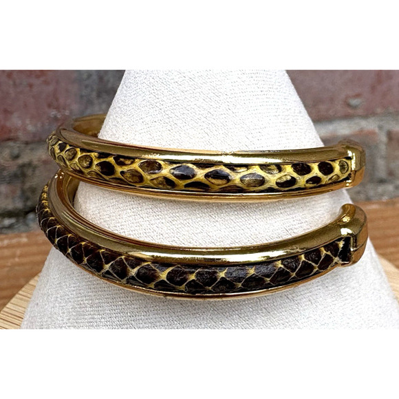 Set of 2 Vintage Made In Italy Brown Yellow Snakeskin Cuff Bracelet Gold Tone - Picture 4 of 12